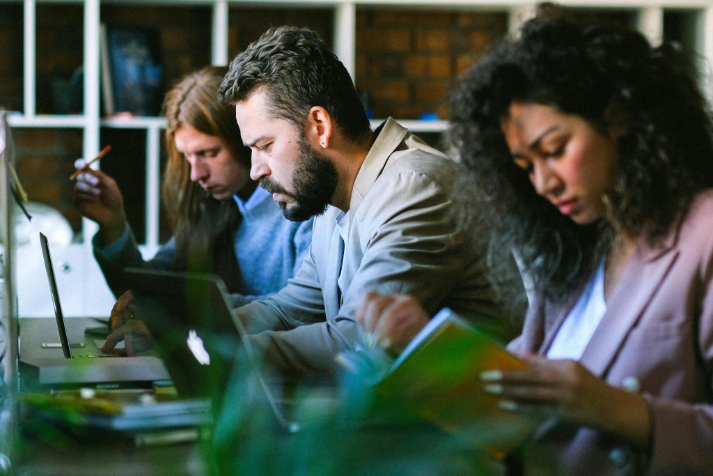 Professionisti concentrati al lavoro sui portatili in un ufficio con piante