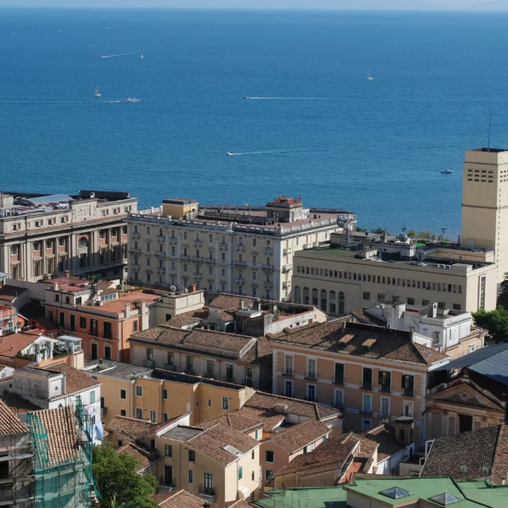 Veduta dall'alto di una città sul mare con tetti e palazzi