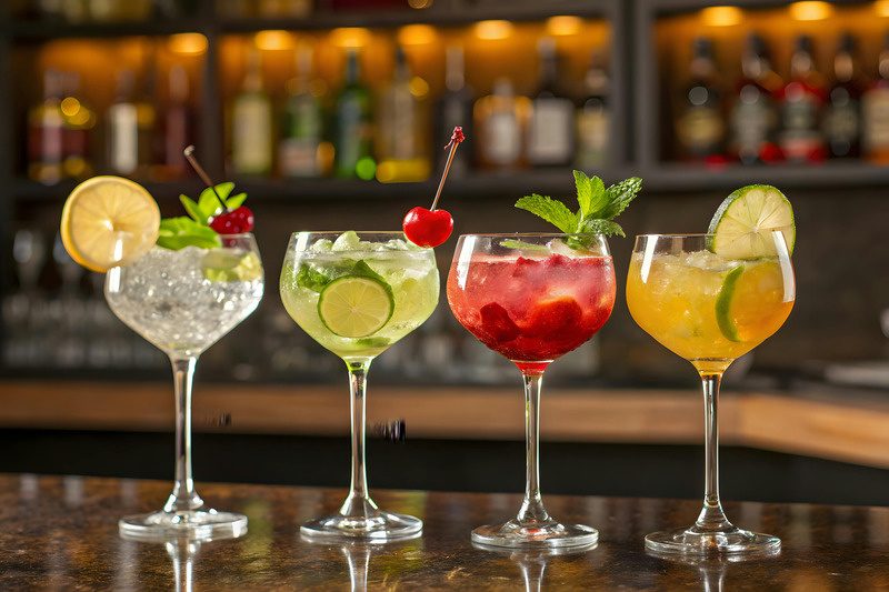 Quattro cocktail colorati in calici sul bancone di un bar
